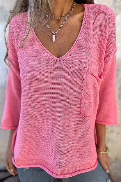 Autumn and Winter Knit V-neck Long Sleeve Pocket Sweater