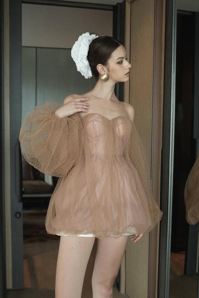 Sweet Bandeau Puff Sleeve Mini Dress