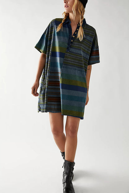 Contrast Striped Patchwork Denim Lapel Loose Mini Dress