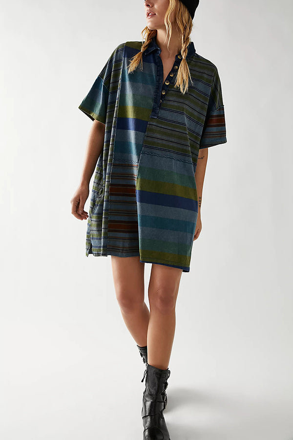 Contrast Striped Patchwork Denim Lapel Loose Mini Dress