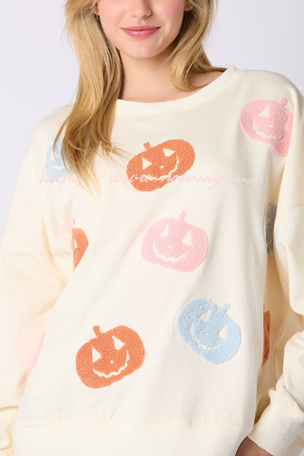 Halloween Colorful Pumpkin Embroidered Loose Sweatshirt