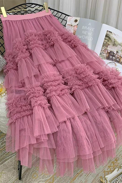 Mood Tulle Pleated Ruffle Elastic Waist Tiered Midi Skirt