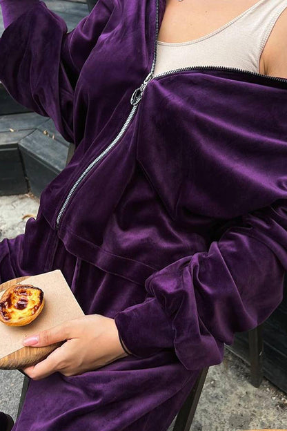 Velvet Zip-up Hooded Top and Elastic Waist Wide Leg Pants Set