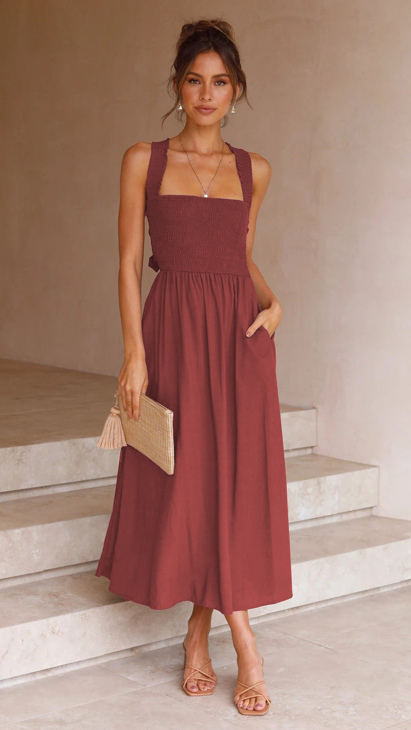 Red Cotton A-line Midi Dress