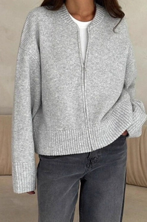 Color Zip-up Loose Fit Knit Sweater