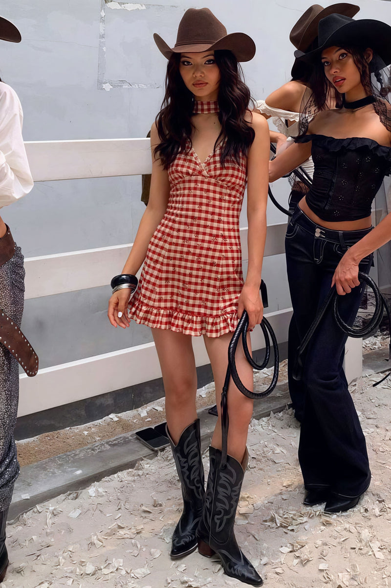 Red Plaid Deep V Halter Mini Dress