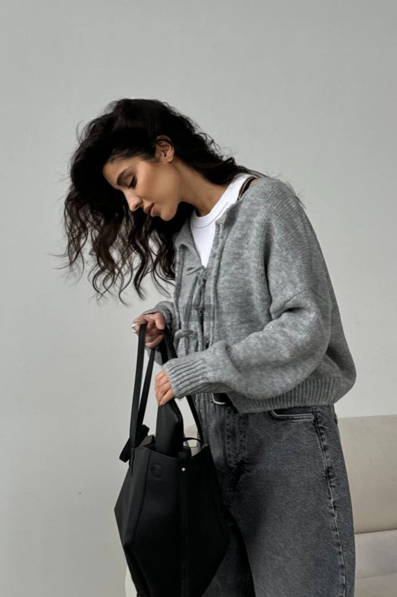 Color Bow Tie Long Sleeve Knit Cardigan