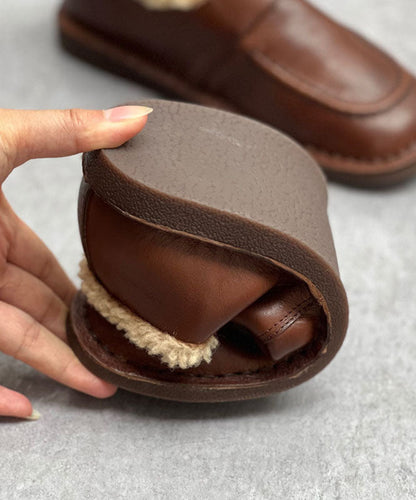 Coffee Flat Shoes for Cowhide Leather Fuzzy Wool Lined Flat Shoes for