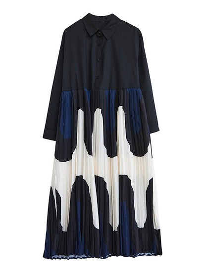 A-line Long Sleeves Contrast Color Pleated Printing Split-joint Polo Midi Dresses