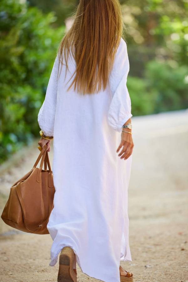Linen Blend V Neck Balloon Sleeve Maxi Dress