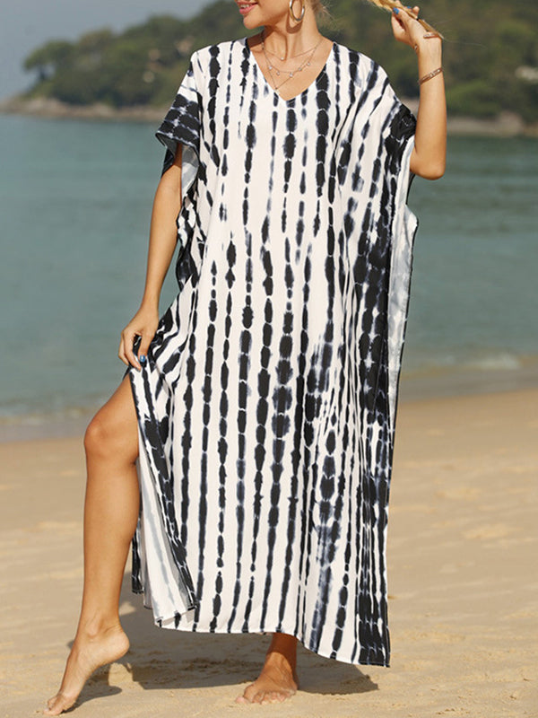 Loose Short Sleeves Printed Split-side Sun Protection V-neck Maxi Dresses