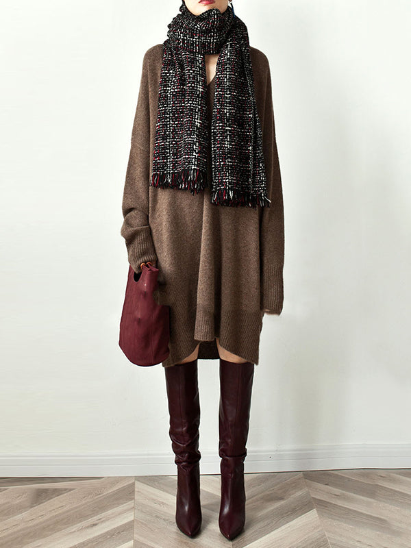 Stylish Long Sleeves Loose Color V-neck Sweater Dresses