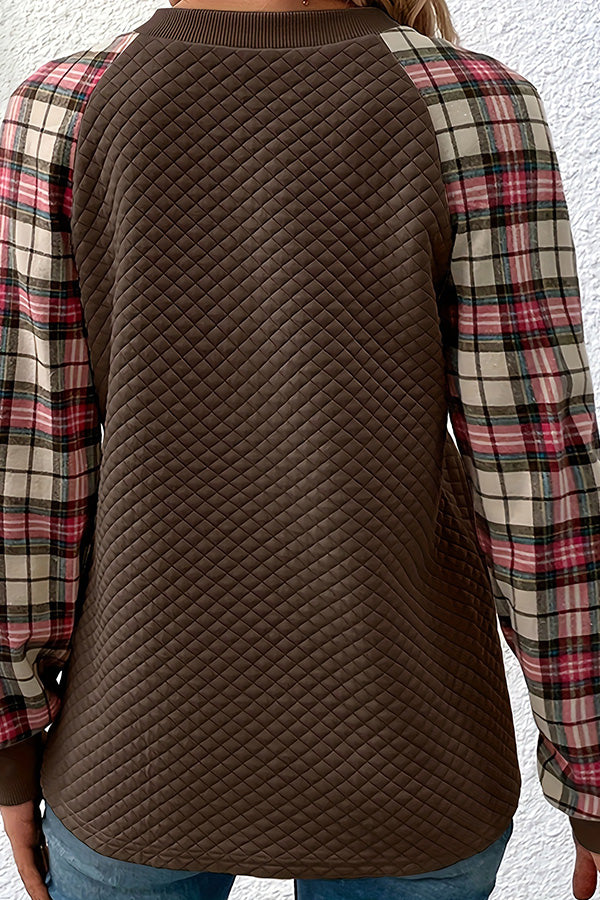 Fashionable Diamond Plaid Patchwork Long-sleeved Round Neck Sweatshirt