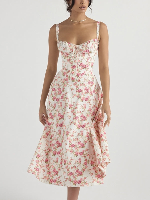 French Ditsy Print Breasted Slim Midi Dress