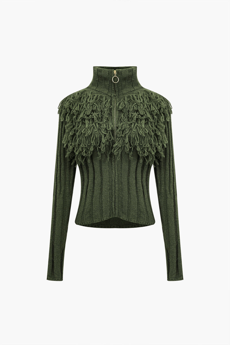 Sweater Fringe Zipper Long-sleeve Top