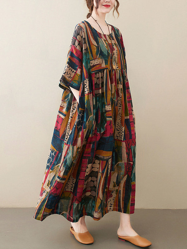 Loose Abstract Printed Pleated Round-neck Half Sleeves Midi Dress
