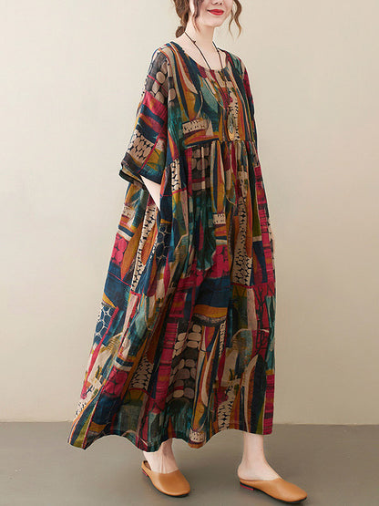 Loose Abstract Printed Pleated Round-neck Half Sleeves Midi Dress