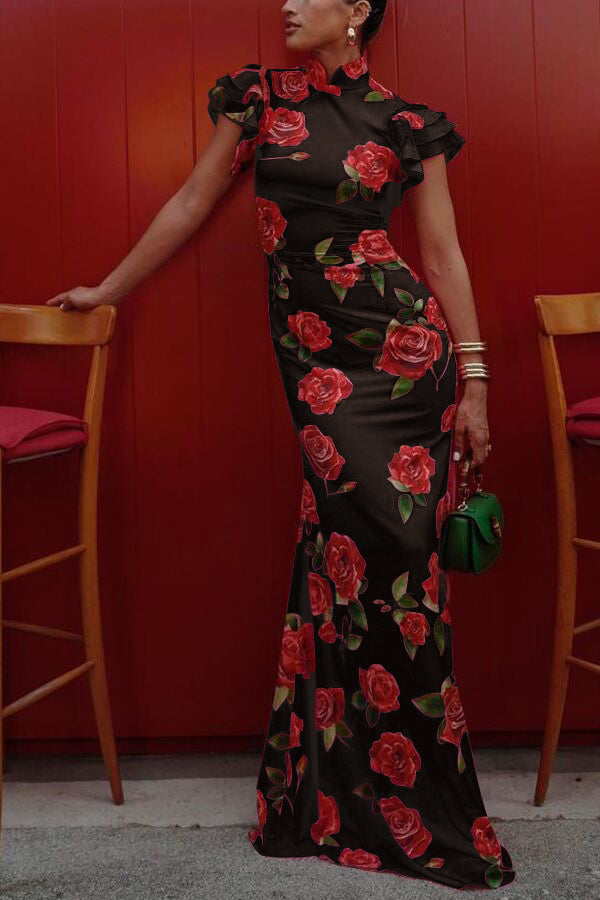 Party Cheongsam Style Rose Print Layered Flared Sleeve Elastic Long Skirt