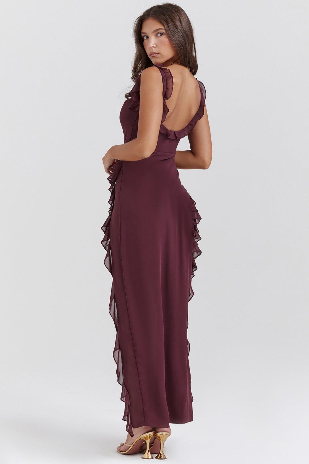 复制cherry Ruffle Maxi Dress-coffer