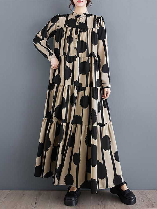 A-line Long Sleeves Buttoned Pleated Polka-dot Split-joint Stand Collar Maxi Dresses Shirt Dress