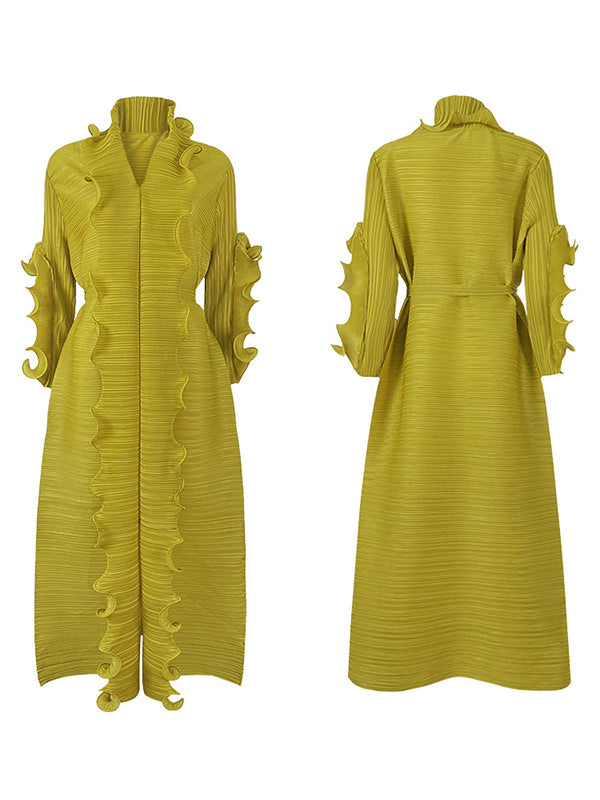 Original Loose Long Sleeves Tied Pleated Falbala Color V-neck Maxi Dresses