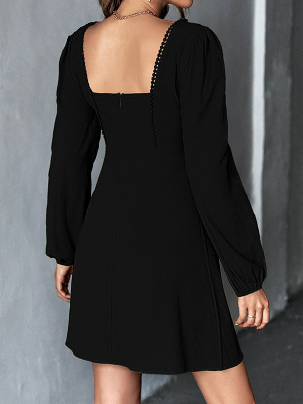 A-line High Waisted Color Split-joint Square-neck Mini Dresses