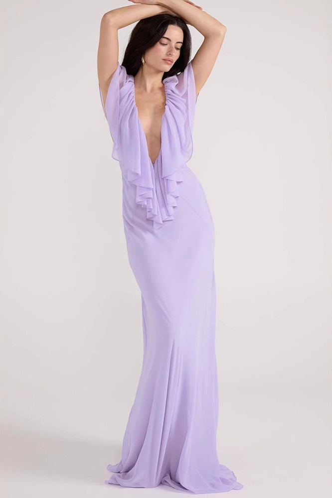 Simple Deep V Ruffle Maxi Dress