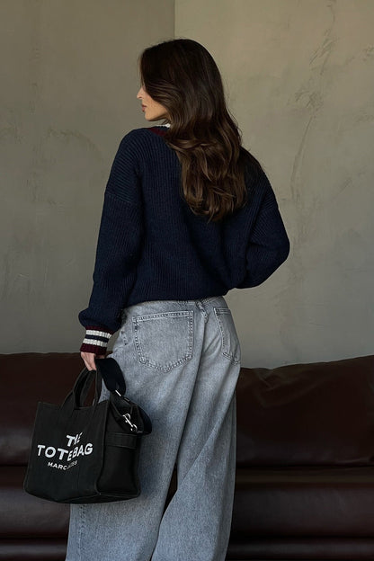 Striped Contrast V Neck Loose Long Sleeve Sweater