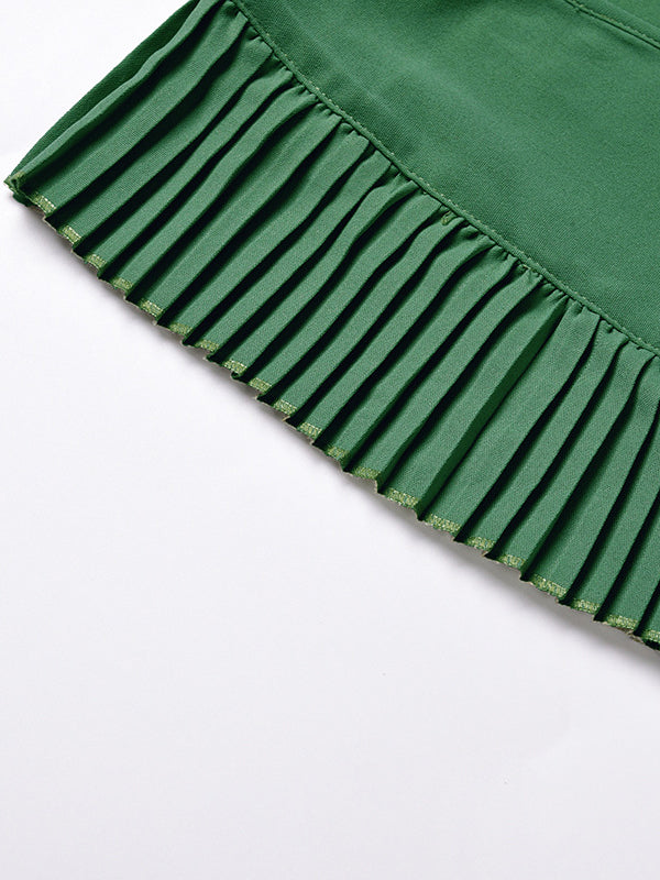 Loose Sleeveless Pleated Color Split-joint Tied Waist V-neck Maxi Dresses