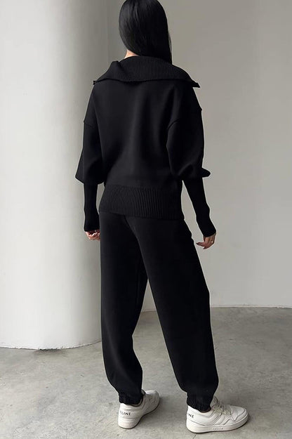 Color Long-sleeved Zip-up Sweatshirt and Elastic Waist Loose Pocket Pants Set