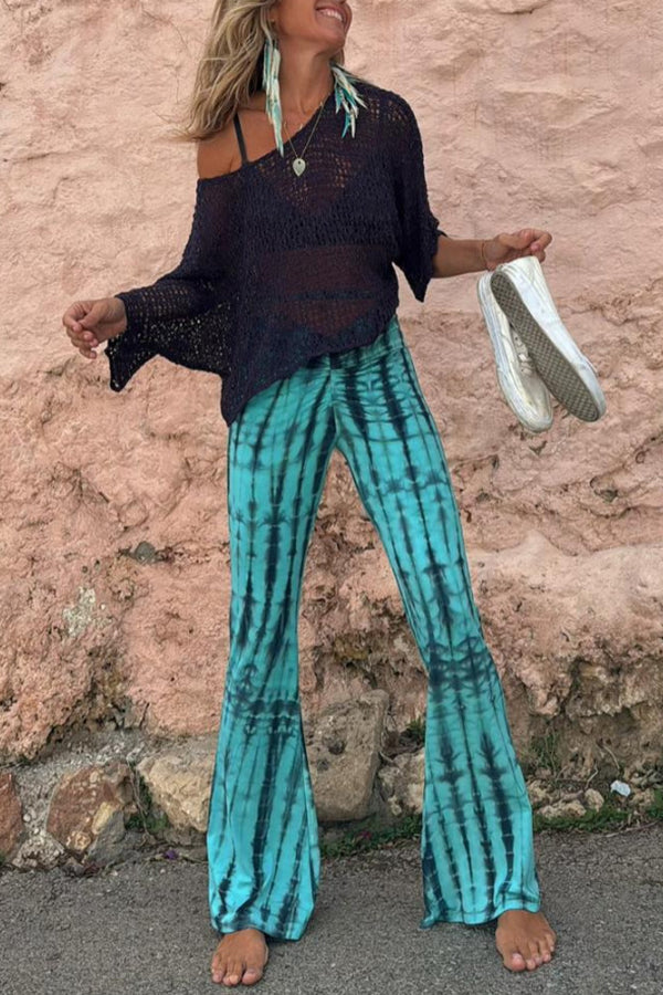 Fashionable Tie Dye Printed Pleated Lace Up Waist Elastic Street Bell Bottom Pants