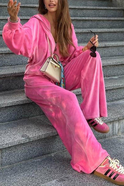 Velvet Zip-up Hooded Top and Elastic Waist Wide Leg Pants Set