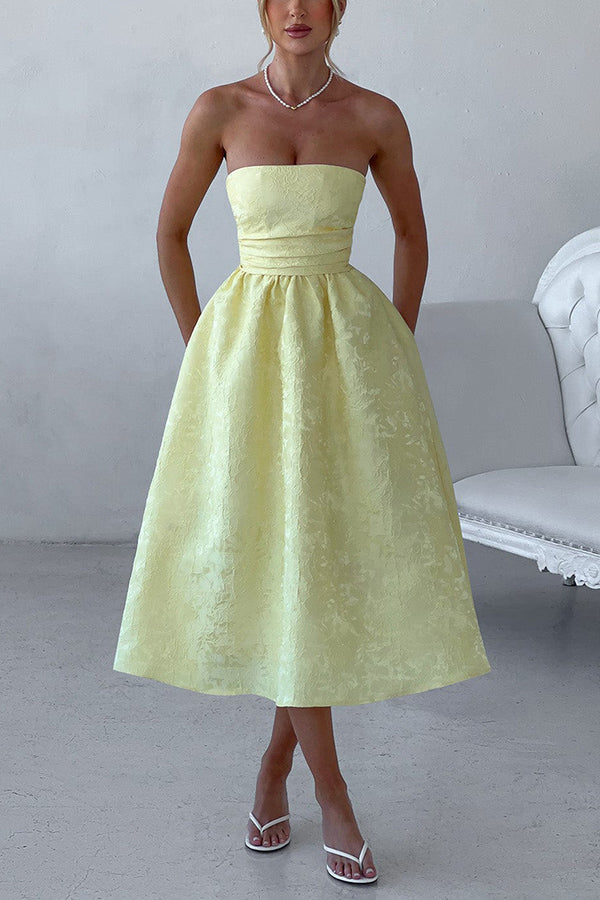 Jacquard Fabric Strapless Open Back Slim Midi Dress