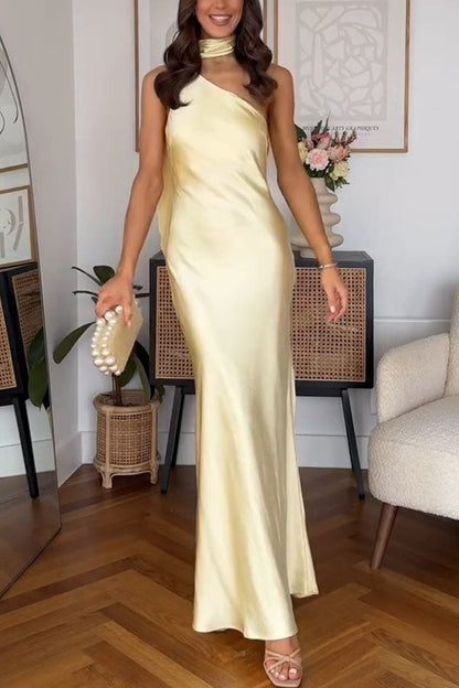 Milk White Party Dress Satin One Shoulder Scarf Long Skirt
