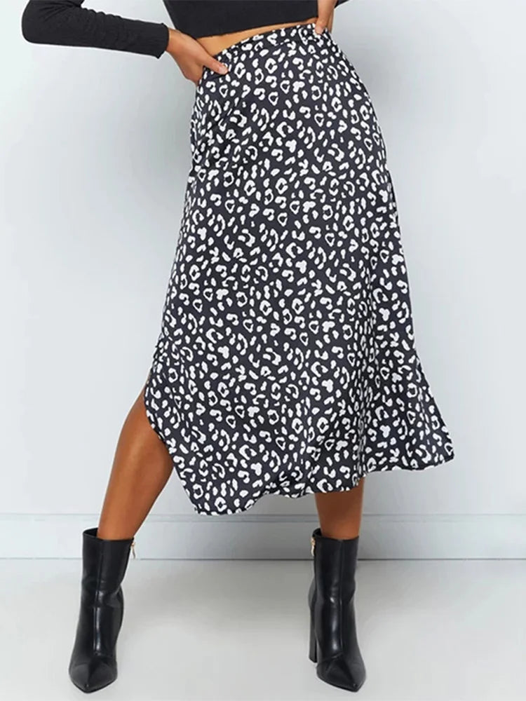 New Leopard Print Chiffon Split Skirt Long Skirts for Spring Summer Zip Female Skirt