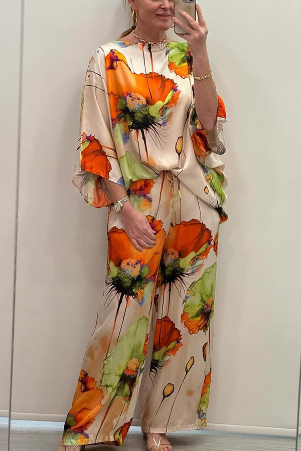 Satin Botanical Print Crew Neck Top and Elastic Waist Loose Pocket Pants Set
