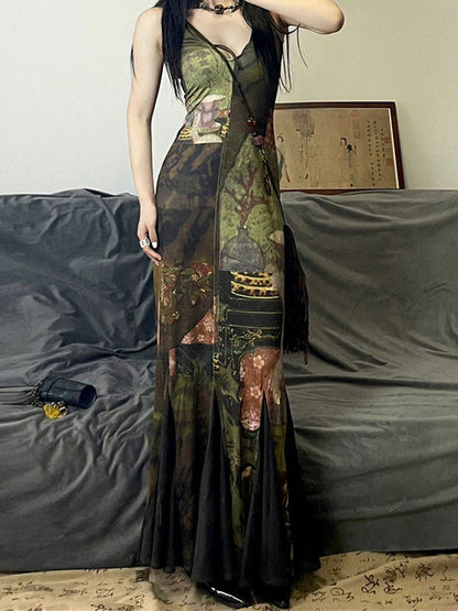 Irregular Splice Pleated Hem Maxi Dress With Print