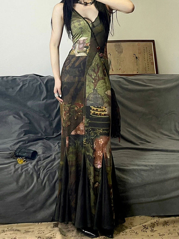 Irregular Splice Pleated Hem Maxi Dress With Print
