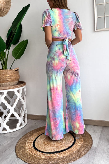 Print V Neck Short Sleeves Crop Top Elastic Waist Wide Leg Pants Set