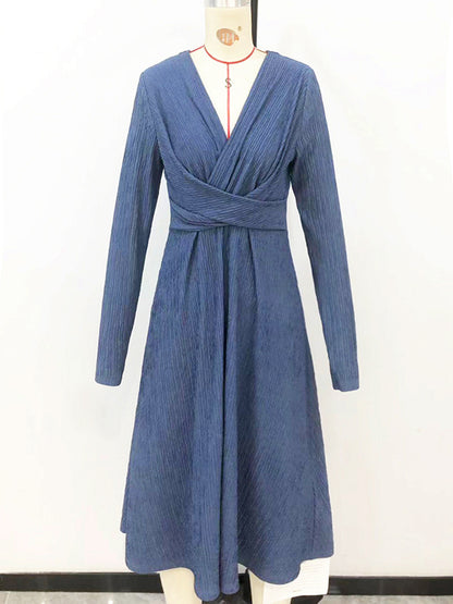 Long Sleeves Loose Pleated Color Split-joint V-neck Midi Dresses