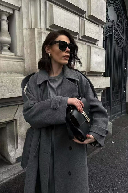 Double-breasted Belted Slim-fit Woolen Long Overcoat