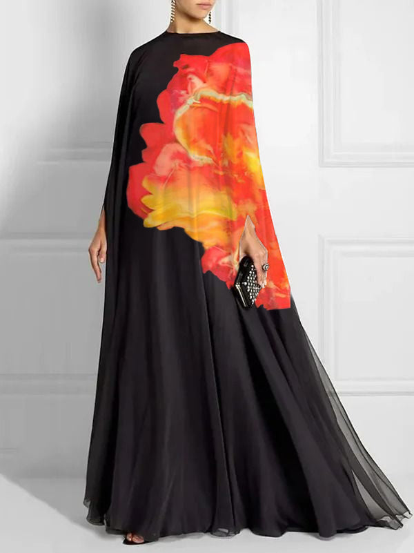 Batwing Sleeves Loose Contrast Color Printed Round-neck Maxi Dresses