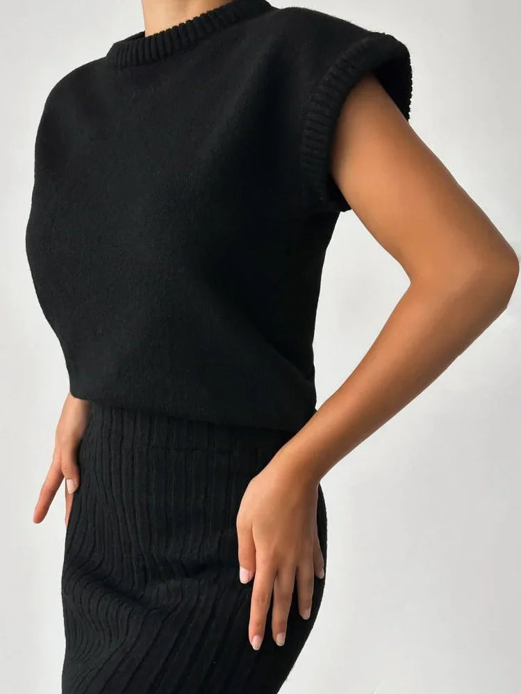 Knit Sweater 2 Piece-set Loose Ribbed Sleeveless Pullover and High Waist Long Skirt Outfits Knitwear ’s Sets