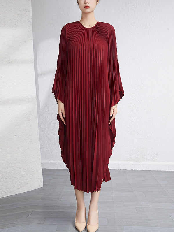 Batwing Sleeves Loose Pleated Color Maxi Dresses