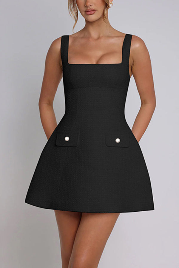 Tweed Square Neck Open Back Slim Pocket Mini Dress