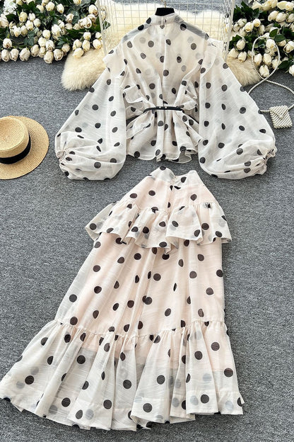 Polka Dot Blouse Mermaid Skirt Two Pieces Set