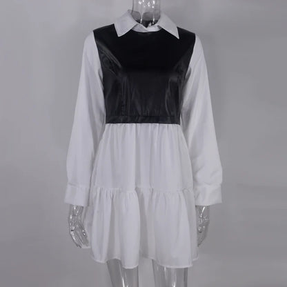 Plaid Shirt Vestidos Long Sleeve White Short Dress for Summer Pu Leather Patchwork Sweet Office Mini Dresses
