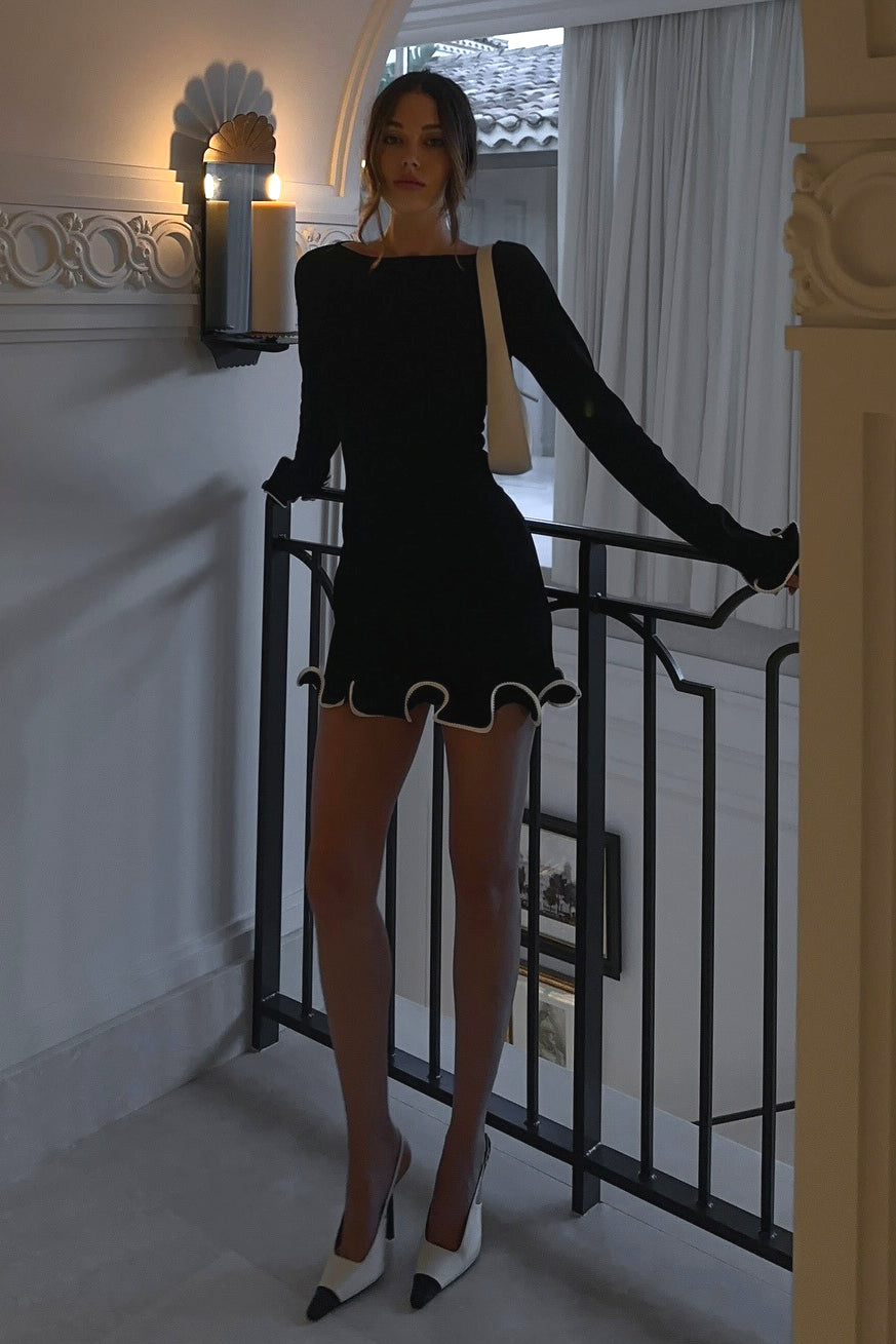 Fitted Ruffled Wave Edge Long Sleeve Mini Dress