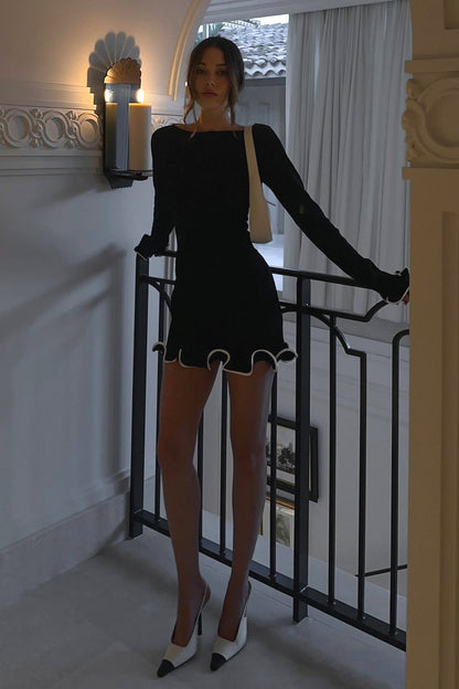 Fitted Ruffled Wave Edge Long Sleeve Mini Dress