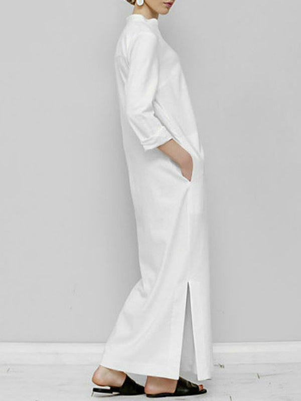 Long Sleeves Loose Color Split-joint V-neck Maxi Dresses